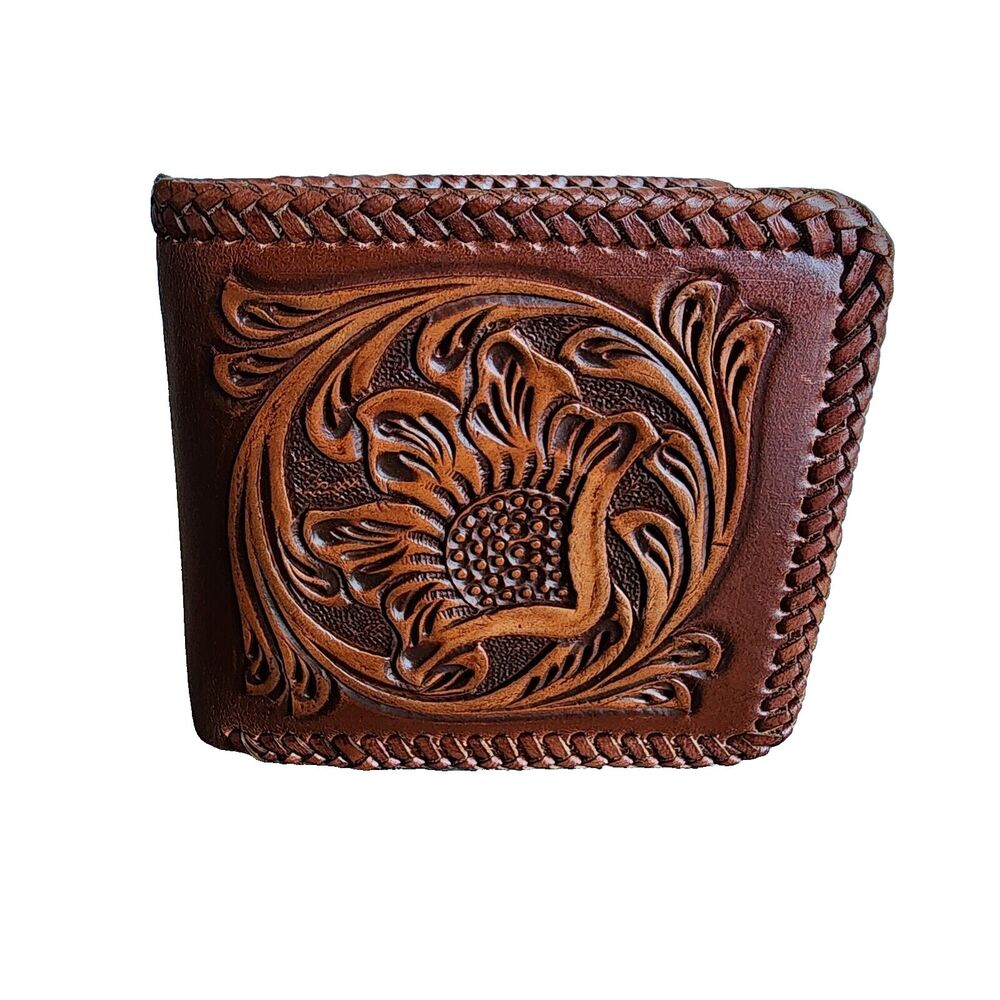 Western  Leather Bi-fold Rodeo Wallet Floral Tooled Ranger Cordovan Stitch Edge